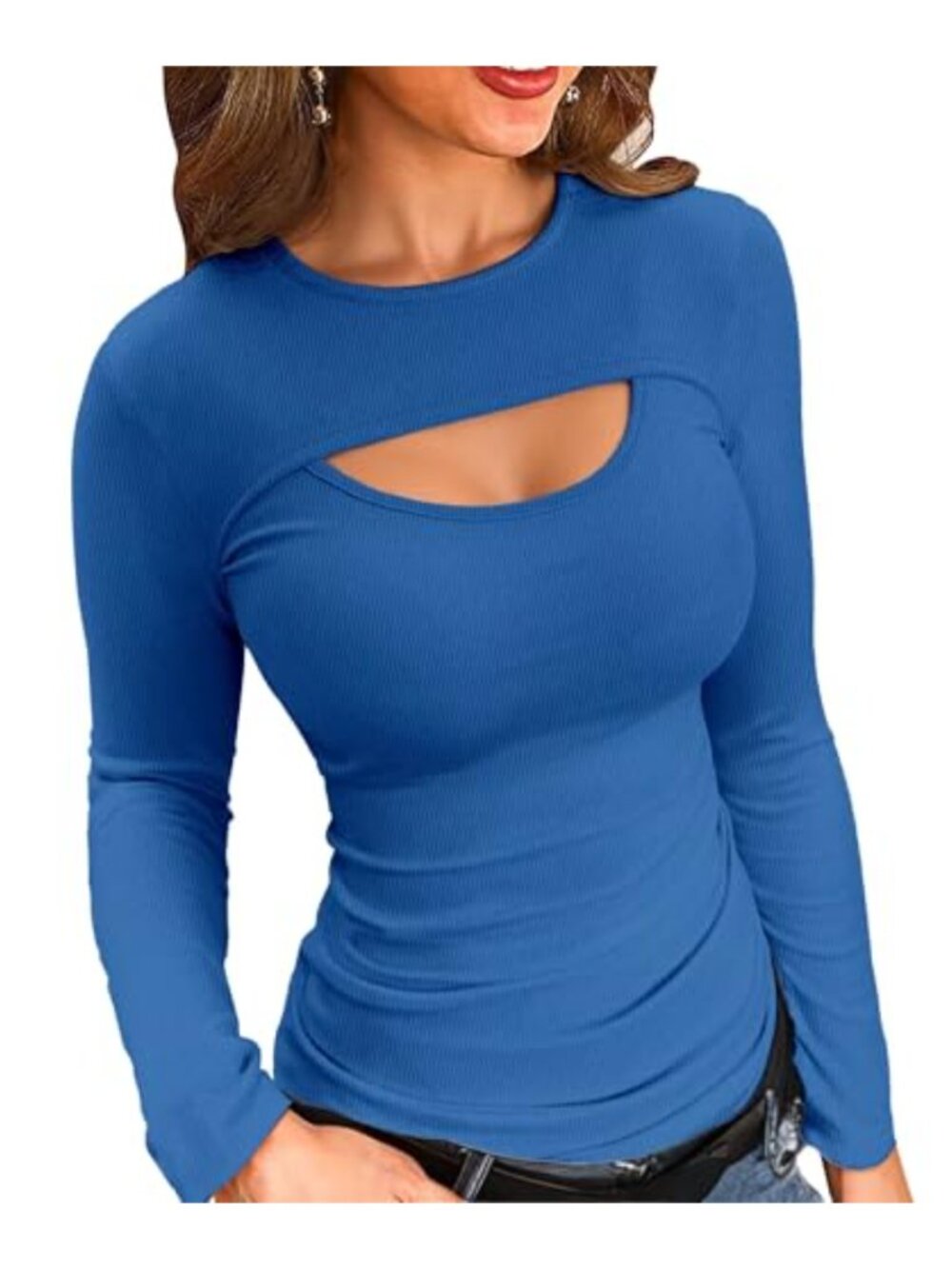 Womens Ribbed Knit Cutout Long Sleeve Slim Fit Pullover Top